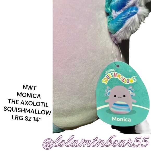 NEW W/TAGS LRG 14” MONICA THE AXOLOTL WITH RAINBOW 🌈 SHINY BELLY SQUISHMALLOW - Picture 6 of 7